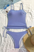 Plaid Ruched Backless Striped Two Piece Swim Set