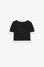Fashionable Contrast Color Knitted Short-sleeved Button-down Top