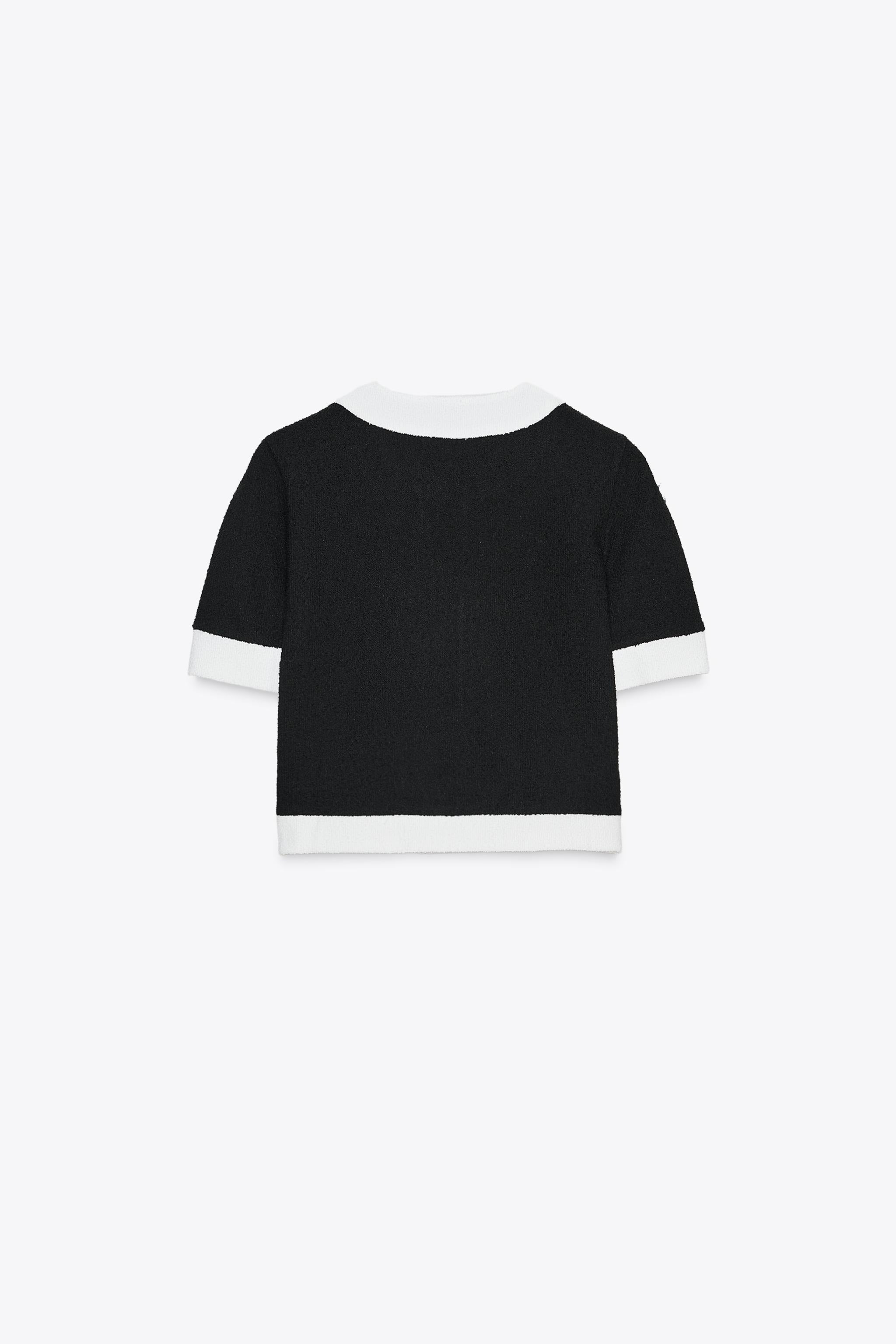 Fashionable Contrast Color Knitted Short-sleeved Button-down Top