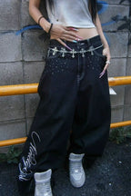 Angel Wing Embroidery Rhinestone Straight Jeans