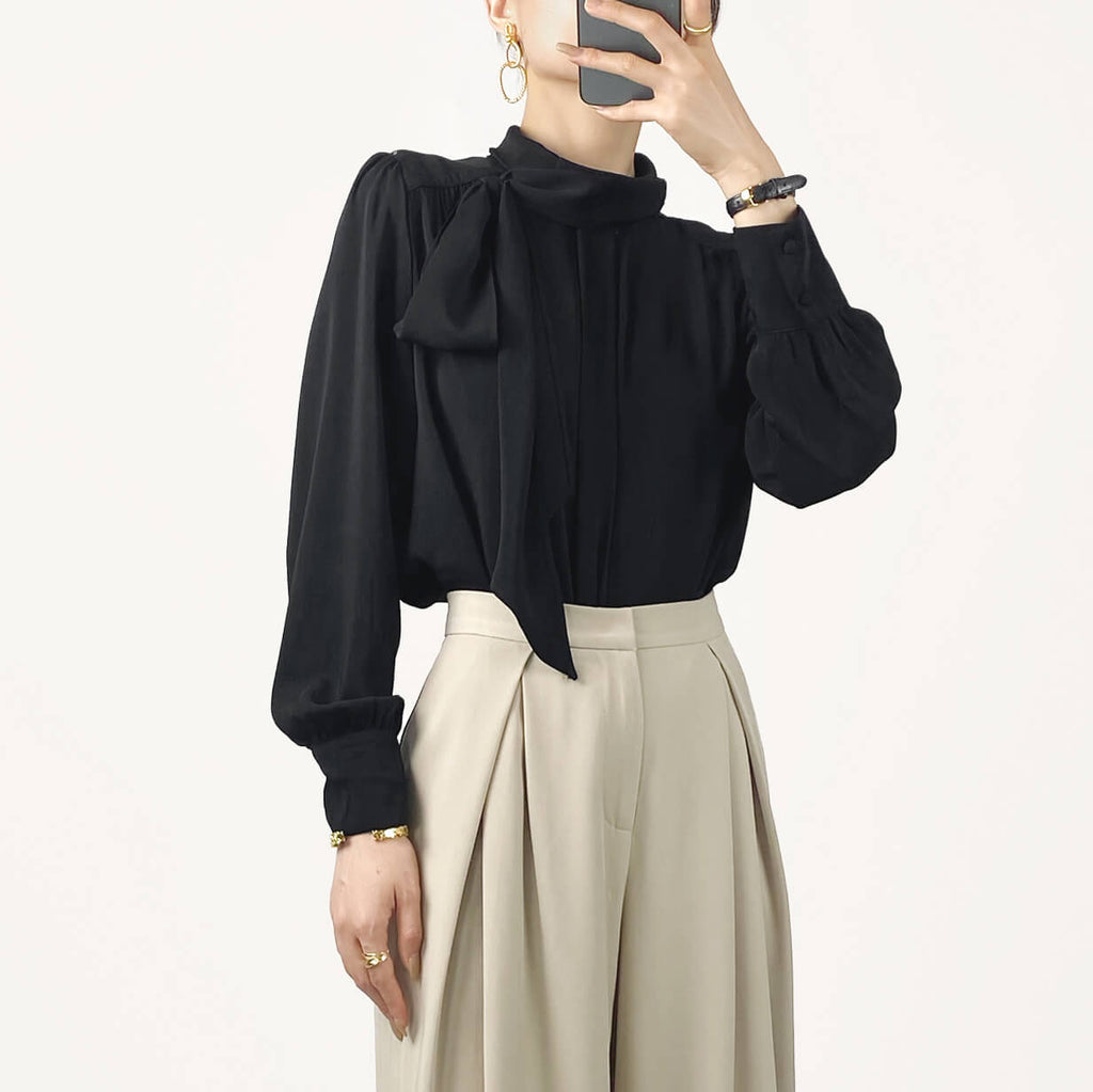Black Long Sleeve Tie Neck Blouse