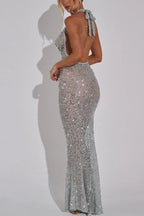 Shine All Night Sheer Sequin Cowl Neck Halter Maxi Dress