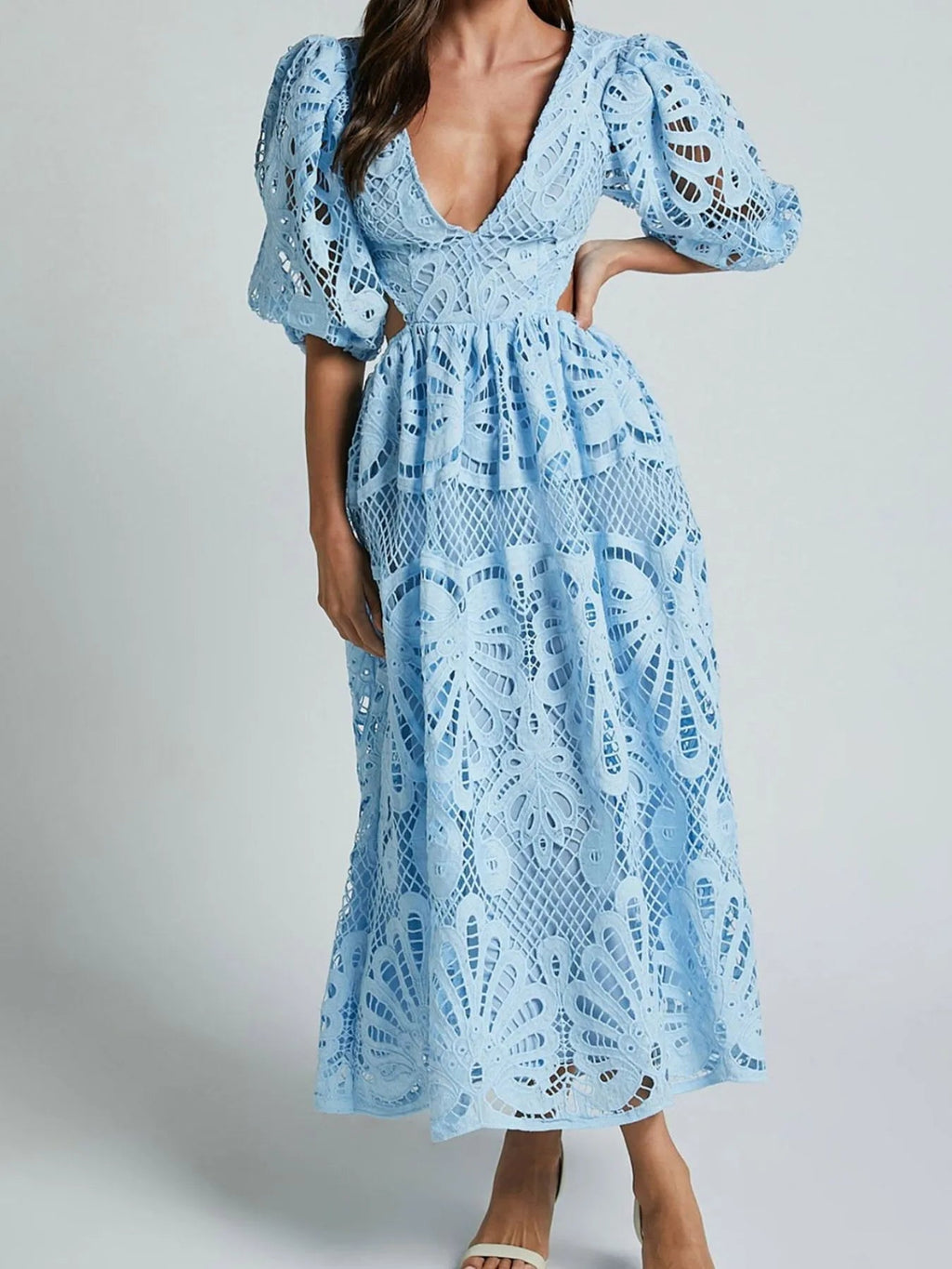 Rachele Premium Long Lace Dress with V Neck and Open Back Chic Silhouette Collection