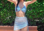 Sky Blue Hip Bag Drawstring Sexy Three Piece Swim Sets