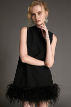 Black Sleeveless Mock Neck Feather-Trimmed Mini Dress