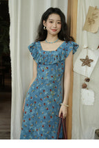 V-Neck Ruffled Midi Floral Dress