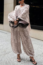 Gerrie Animal Print Batwing Sleeve Tie-up Shirt and Elastic Waist Pocket Loose Bloomers Pants Set