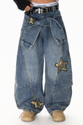 Leopard Print Patchwork Tie Loose Wide Leg Retro Jeans