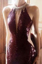 Sequin Burgundy Halter Mermaid Train Prom Dress