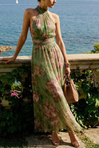 Floral Print Halter Neck Sleeveless Fitted Waist Casual Vacation Maxi Dress