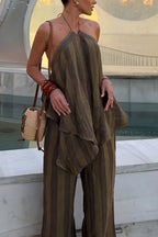 Striped Printed Halter Neck Sleeveless Asymmetrical Top and Elastic Waist Pocket Casual Wide-leg Pants Set