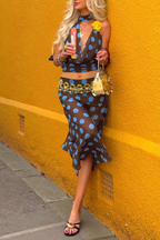 Polka Dot Halter Deep V-Neck Chiffon Top with Sash