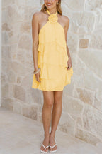 Solid Color Chiffon Halter Neck Backless Layered Ruffle Mini Dress