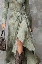 Fashionable Tie Dye Long-sleeved Slim-fit Tie-waist Irregular Maxi Dress