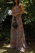 Halter V Neck Open Back Floral Print Maxi Dress