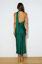 Sexy Satin Slit Hem Backless Midi Dress