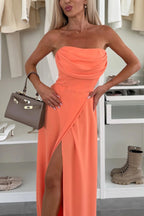 Stylish Sleeveless Off-shoulder Elegant Back Tie-up Slit Maxi Dress