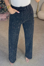 Rhinestone Washed High Waist Jeans