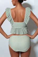 Backless Stripe Ruffle Bikini Two Piece Swim Set