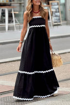 Black & White Ric Rac Trim Strappy Maxi Dress
