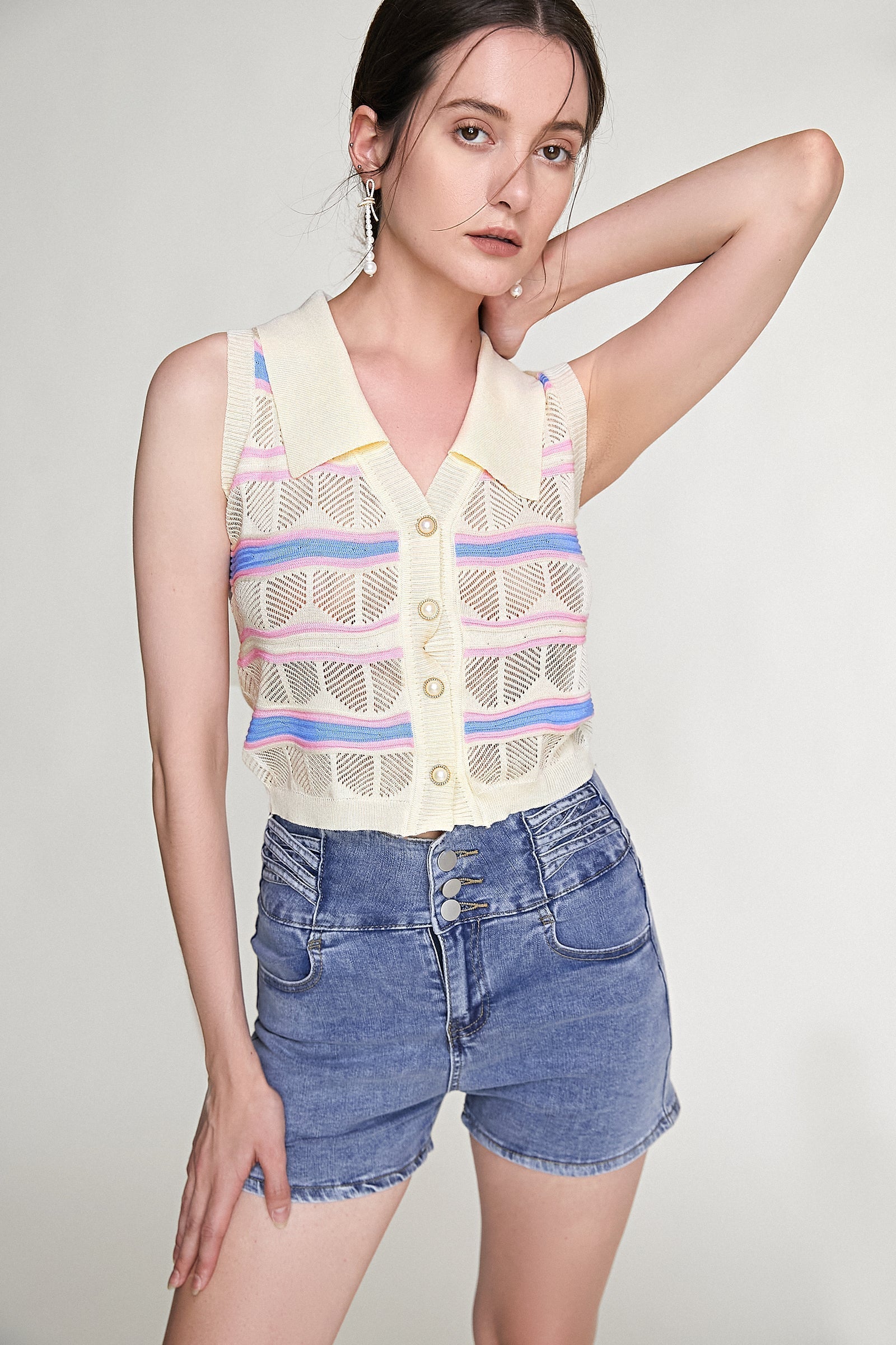 Ivory Striped Button-Up Knitted Collar Vest