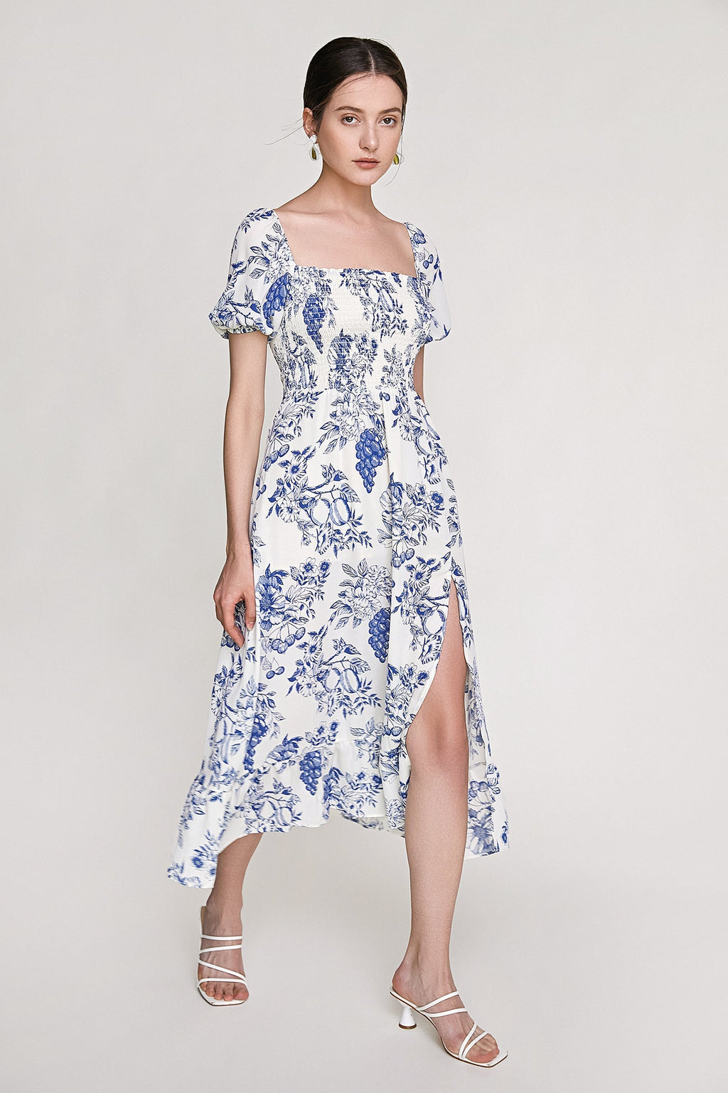 Blue Fruit Print Smocked Puff Sleeve Maxi Dress