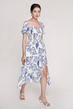 Blue Fruit Print Smocked Puff Sleeve Maxi Dress