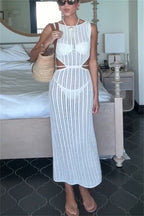 Beach Day Crochet Knit Cutout Waist Coverup Stretch Maxi Dress