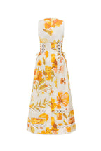 Clover Linen Blend Floral Print Cutout Trim Button Up Side Lace-up Maxi Dress