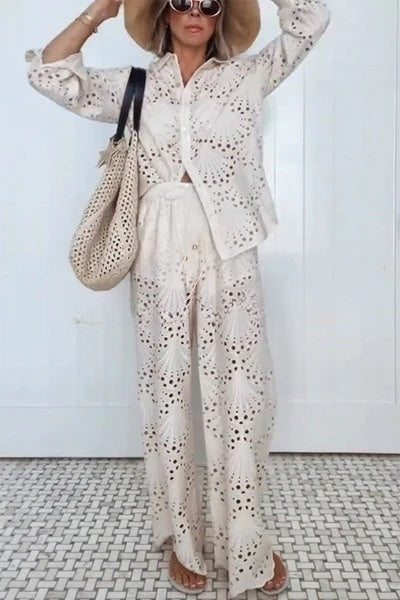 Lillah Embroidered Lace Shell Pattern Long Sleeve Loose Blouse