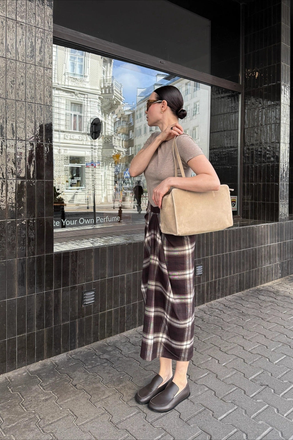 Plaid Asymmetric Pleated Straight Skirt