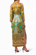 Paisley Print Tie-Waist Slit Maxi Kaftan Dress