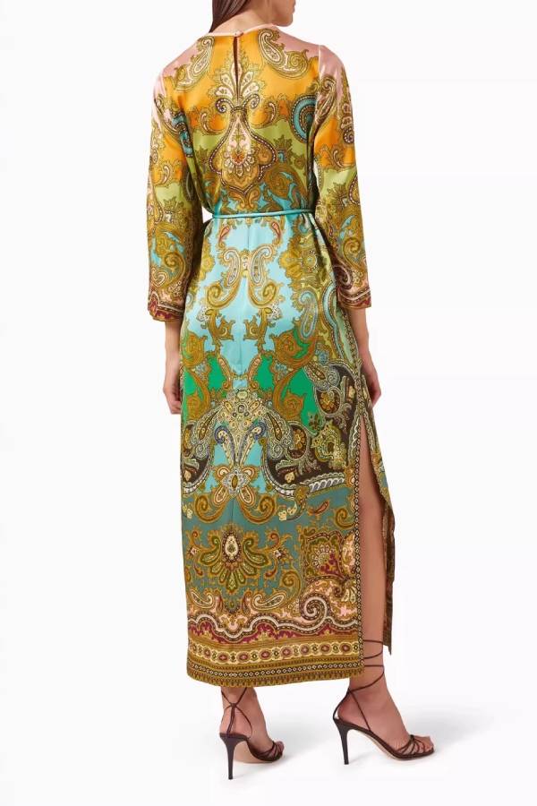 Paisley Print Tie-Waist Slit Maxi Kaftan Dress