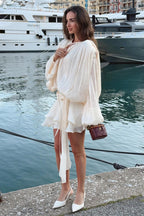 Chiffon Lantern Sleeve Tie Ruffle Mini Dress