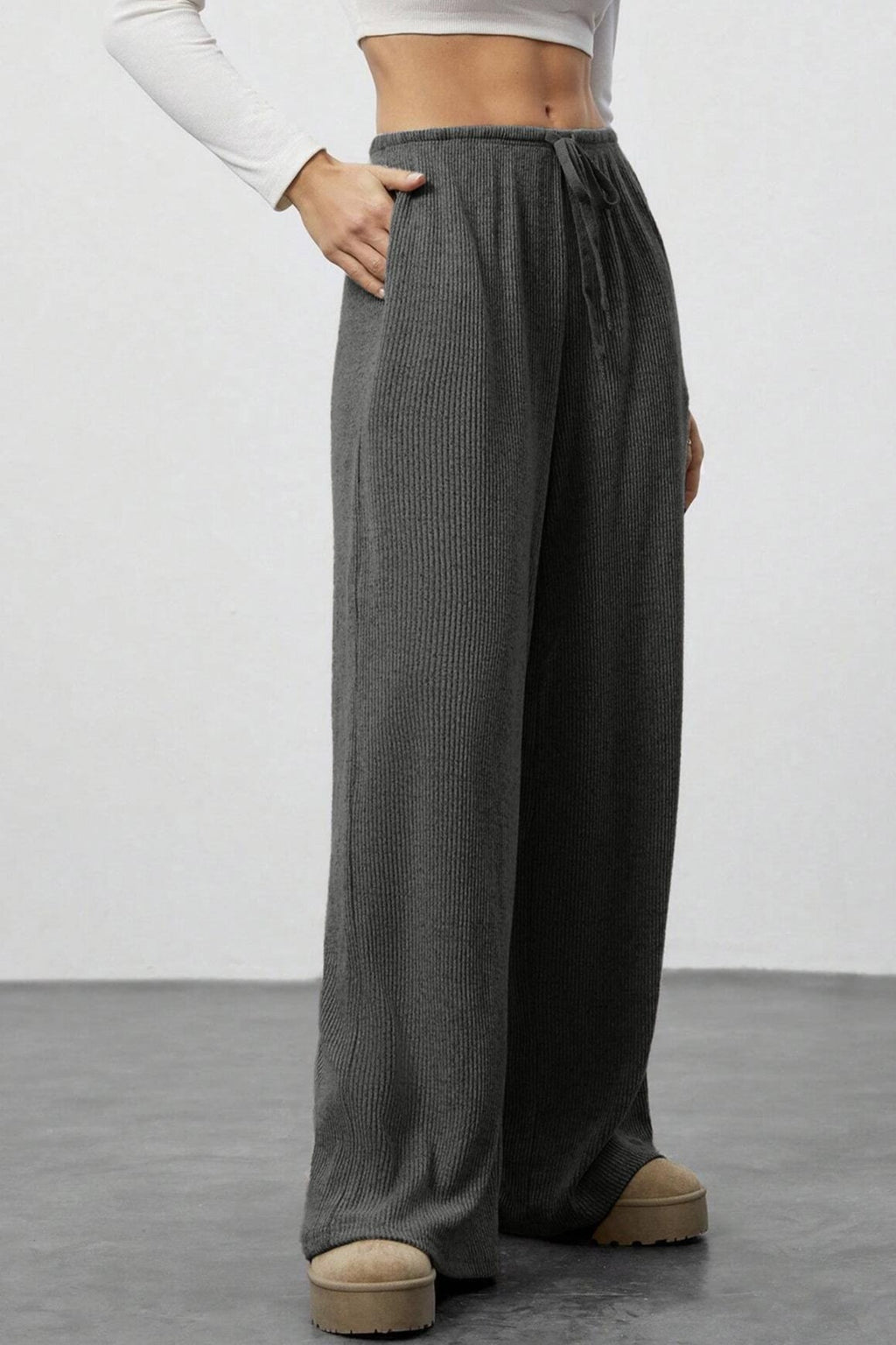 Draped Drawstring Wide Leg Knit Pants