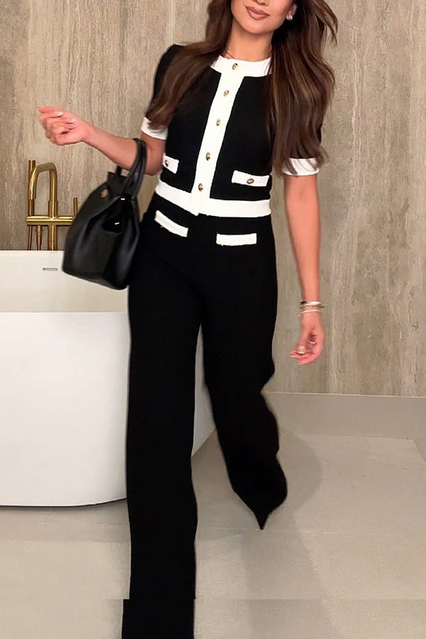 Fashion Contrast Color Stretch High Waist Casual Straight Pants