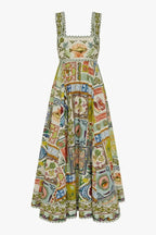 Sea Calling Linen Blend Unique Print Scalloped Detail Back Smocked Pocket Maxi Dress