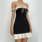 Sleeveless square neck ruffle patchwork contrast mini dress