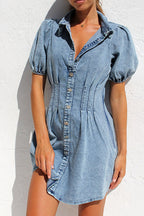 Lapel Button Bubble Short Sleeve Corset Cotton Denim Skirt