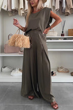 Santie Round Neck Cape Sleeve Loose Top and Elastic Waist Pocket Wide Leg Pants Set