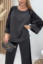 Stylish Sequined Loose-fitting Crew Neck Top and Casual Pocket Wide-leg Pants Set