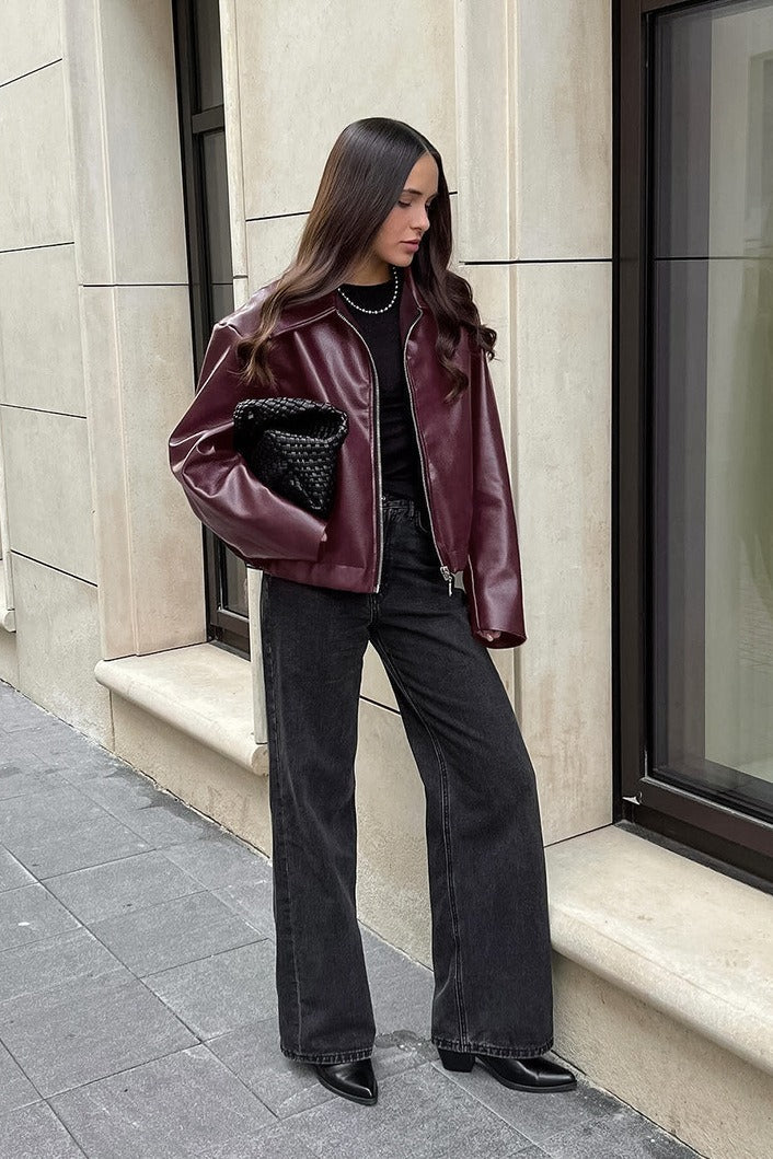 Vintage Wine Red Leather Biker Jacket