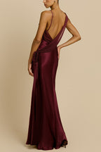 Helena Satin Asymmetric Neckline Contrast Chiffon Detail Backless Maxi Dress