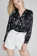 Black Abstract Face Print Surplice Shirt