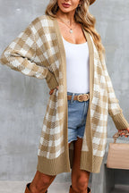 Khaki Plaid Ribbed Contrast Open Front Long Cardigan