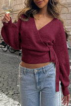 Solid Color Crossover V-neck Tie Elegant Long-sleeved Knit Top