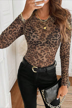 Leopard Print Mesh Sheer Long-Sleeve Blouse