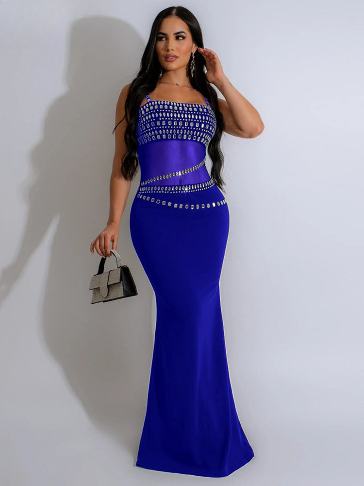 Elegant Mesh See Through Rhinestones Strap Sleeveless Red Party Dress