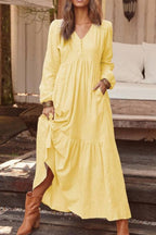 V-neck long-sleeved loose-fitting long skirt