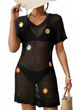 Floral-decorated V-neck Short-sleeved Crochet Cover-up Vacation Mini Dress